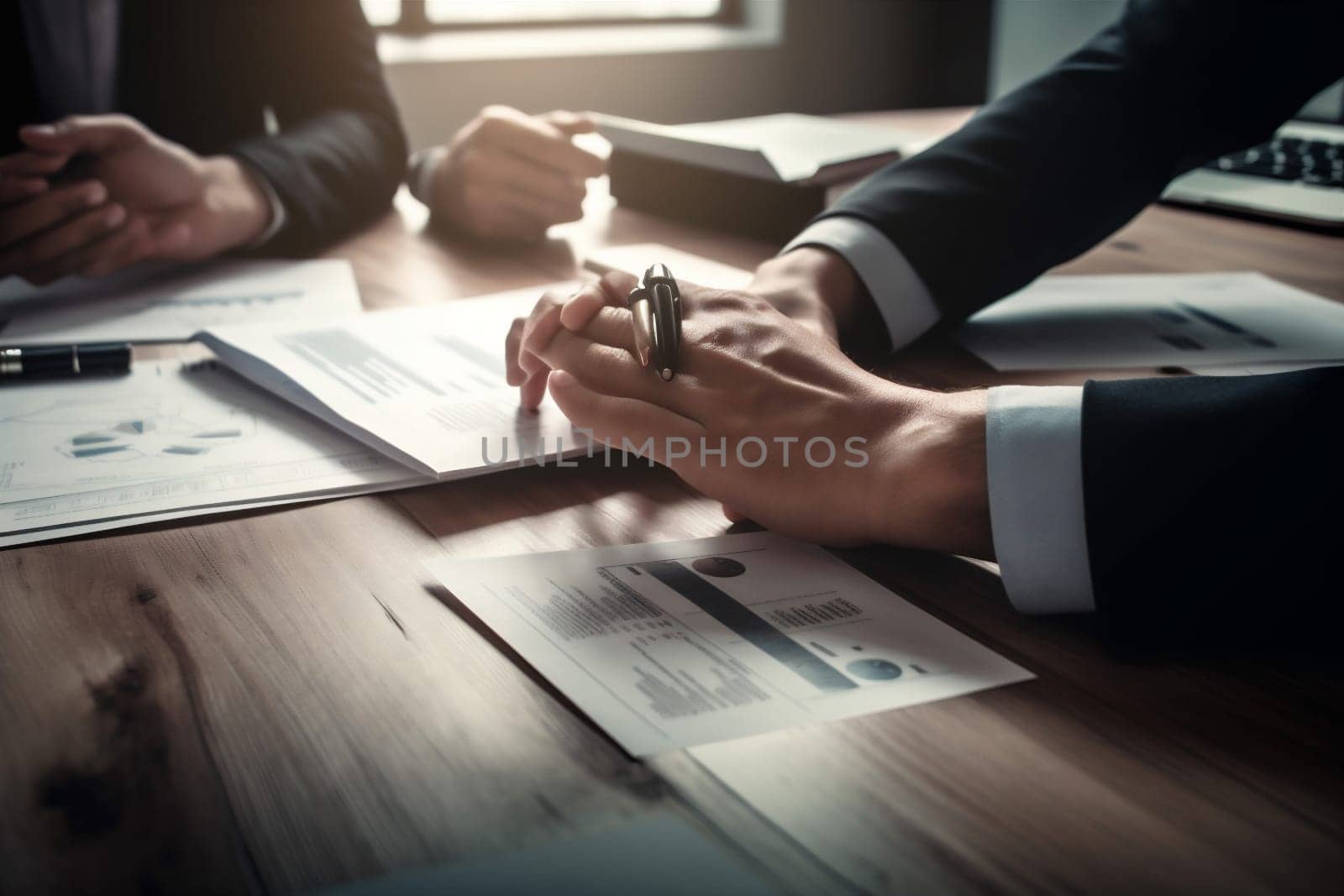 man paperwork signature team desk business professional document group concept hand signing conference lifestyle contract sunset businessman lawyer office career light. Generative AI.
