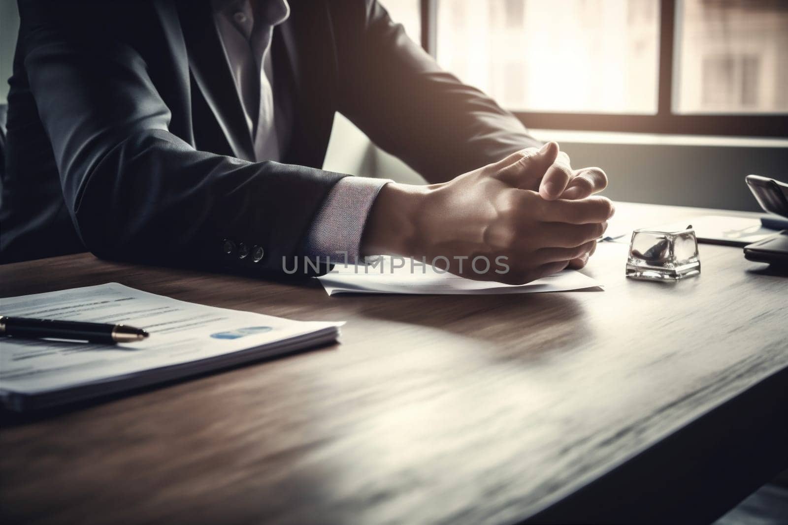 lawyer man meeting executive desk hand contract sunset light businessman business note agreement signing person office signature document group conference pen. Generative AI.