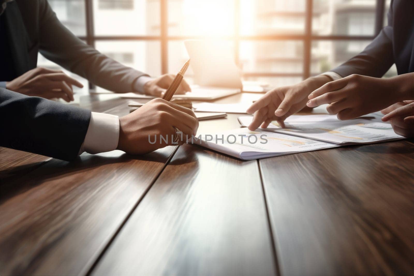 desk man contract note lifestyle group concept meeting document light lawyer corporate workplace businessman hand writing business office pen deal signature. Generative AI.