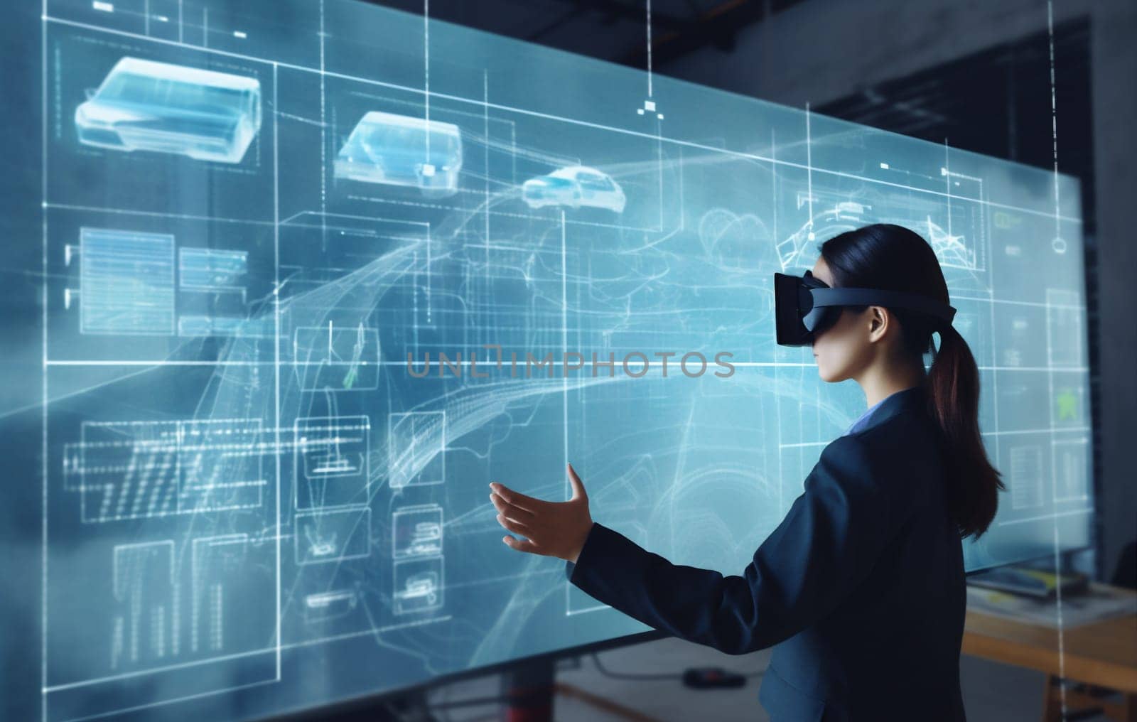 woman 3d online innovation three-dimensional creative designer ar graphic futuristic app game glasses digital tech datum technology work reality virtual business virtual. Generative AI.