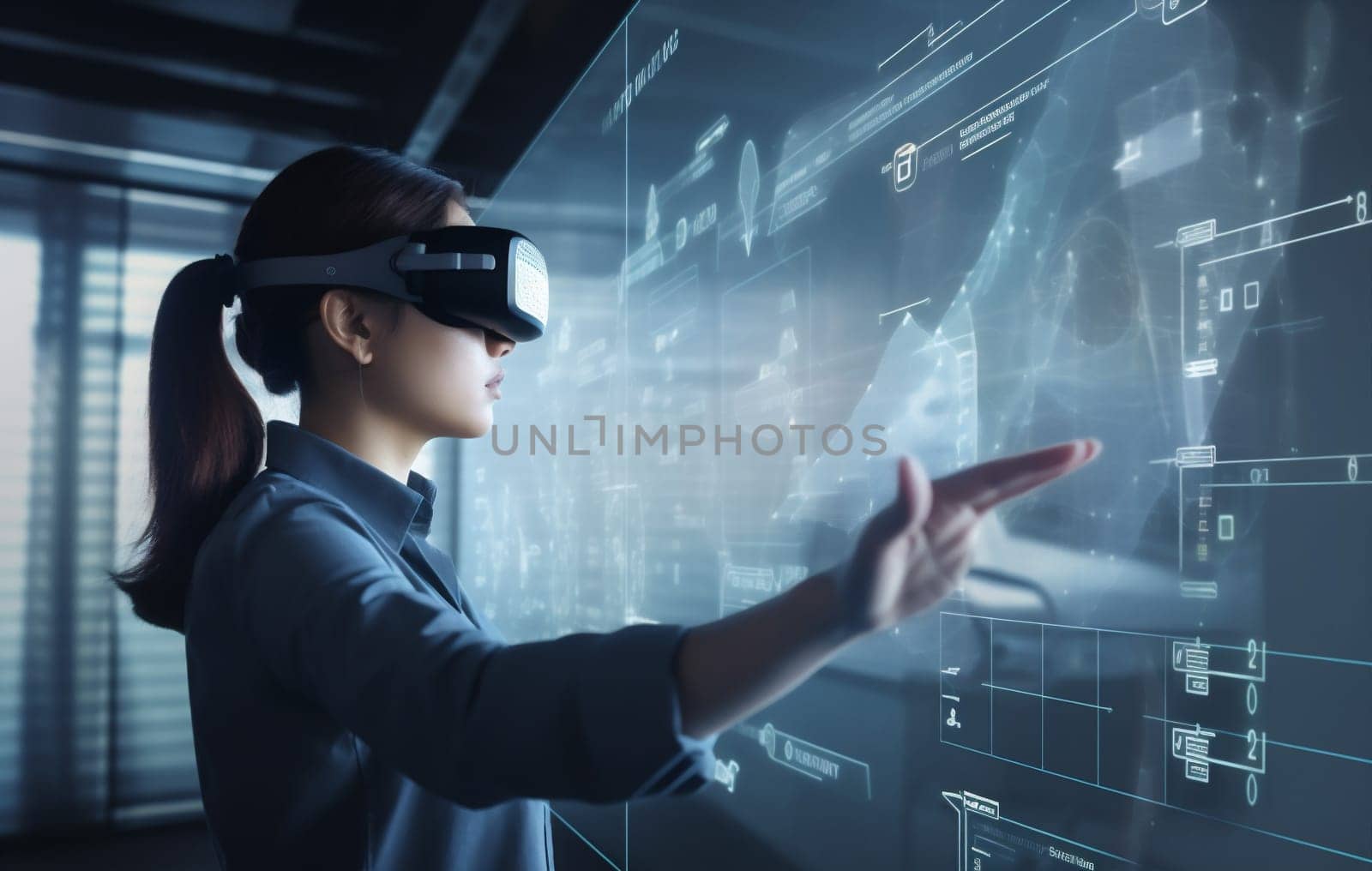 headset woman technology website glass goggles graphic futuristic glasses game innovation business screen virtual future digital creative 3d network hand cyber. Generative AI.