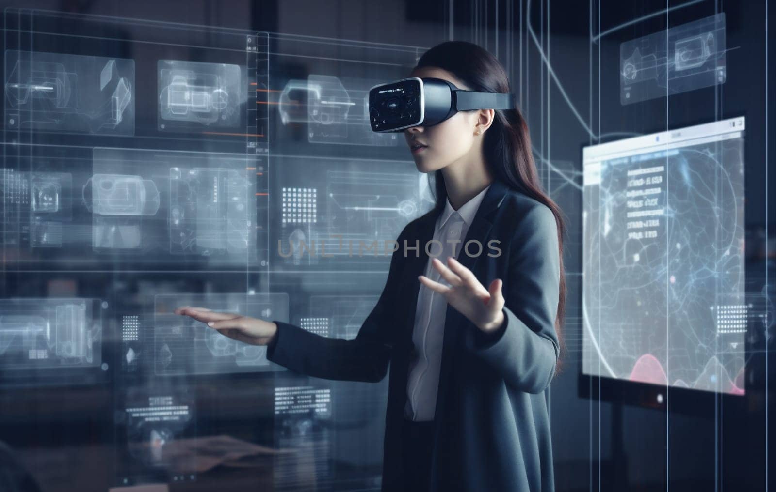 graphic woman technology person business 3d digital innovation futuristic virtual glasses. Generative AI. by SHOTPRIME