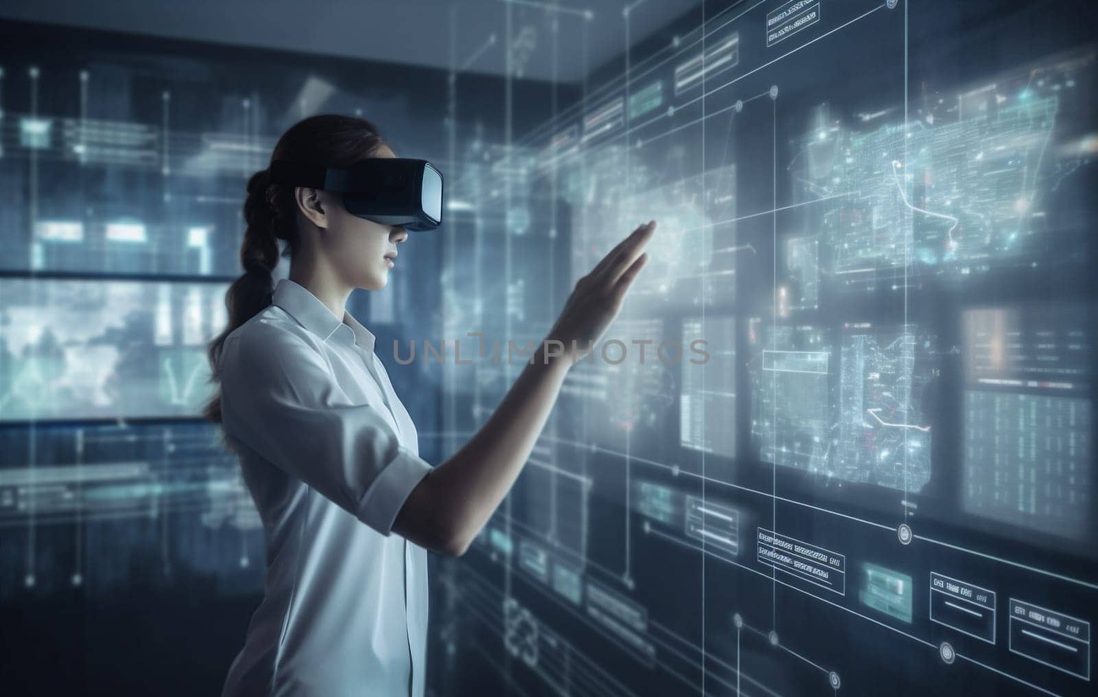3d woman digital glasses graphic innovation business virtual futuristic technology three-dimensional. Generative AI. by SHOTPRIME