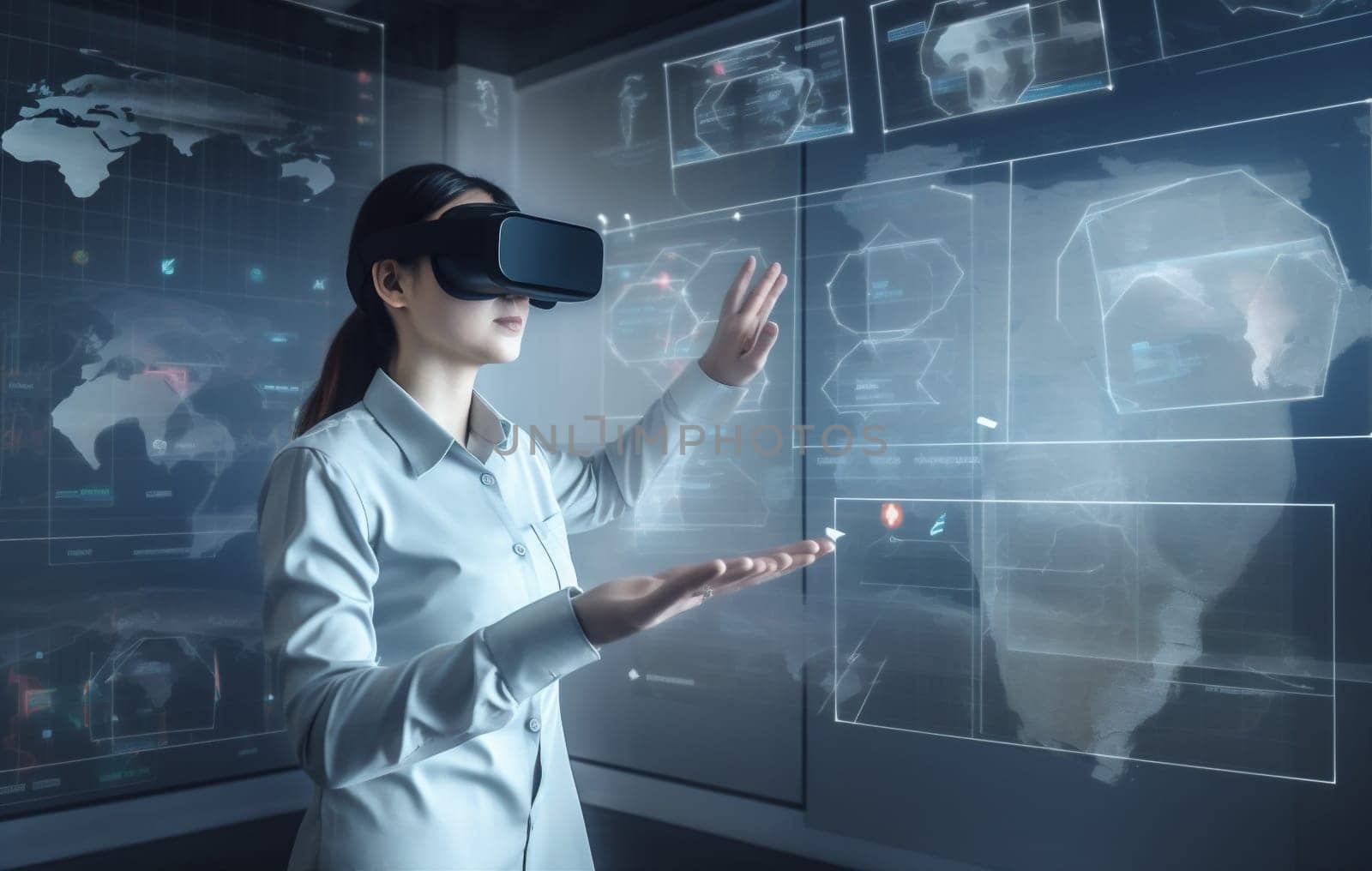 technology woman datum screen network 3d graphic hologram digital reality business person hand innovation creative cyberspace work futuristic virtual glasses display. Generative AI.