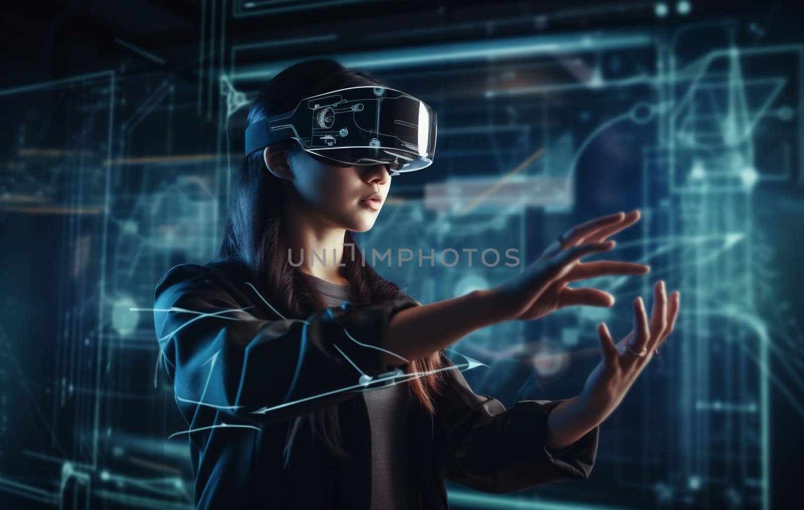 woman business glasses digital futuristic technology innovation virtual 3d graphic display. Generative AI. by SHOTPRIME