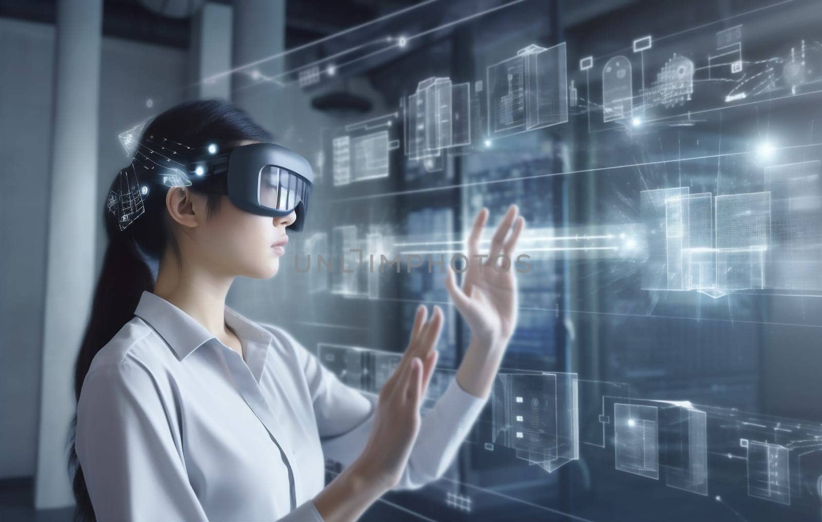 glasses woman online design futuristic app graphic innovation virtual business cyber technology digital hand overlay computer 3d work ar glass internet. Generative AI.