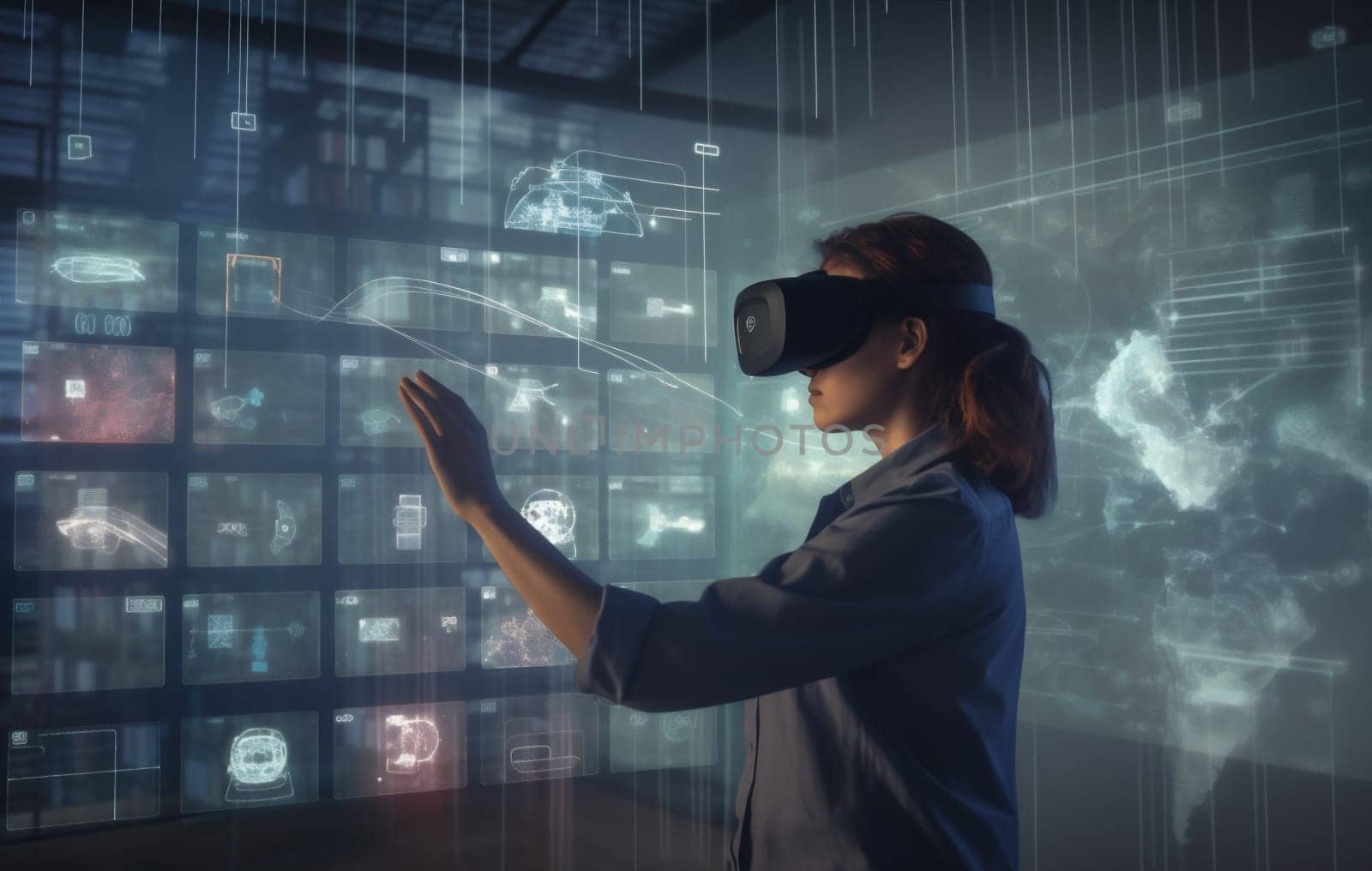 reality woman hologram female computer virtual innovation technology design glasses creative cyber digital graphic business headset goggles glass overlay virtual futuristic 3d. Generative AI.