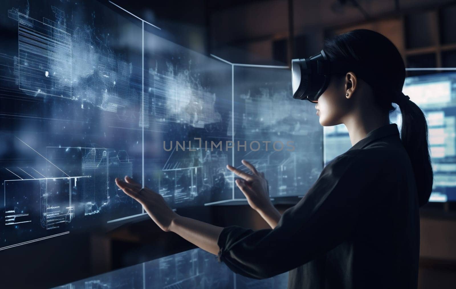 futuristic woman glass cyberspace internet hologram 3d online virtual graphic website glasses business three-dimensional web work digital technology innovation goggles design. Generative AI.
