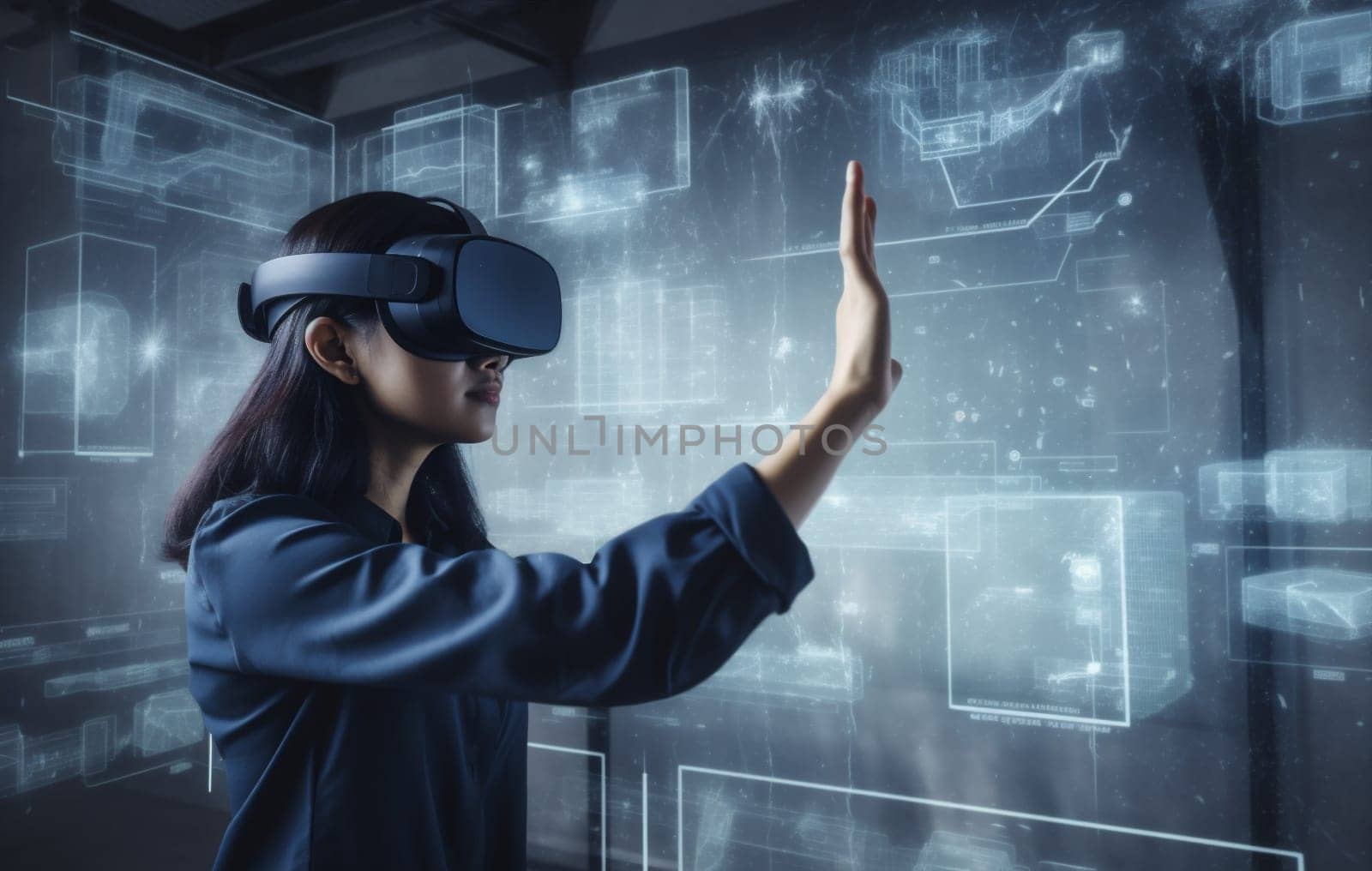 woman software graphic future virtual futuristic work cyber 3d app overlay business innovation female ar screen digital technology person website glasses. Generative AI.