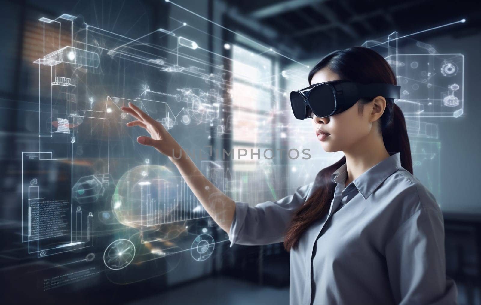 woman screen reality hand digital software 3d graphic network innovation internet futuristic virtual game virtual glass ar glasses technology creative business app. Generative AI.