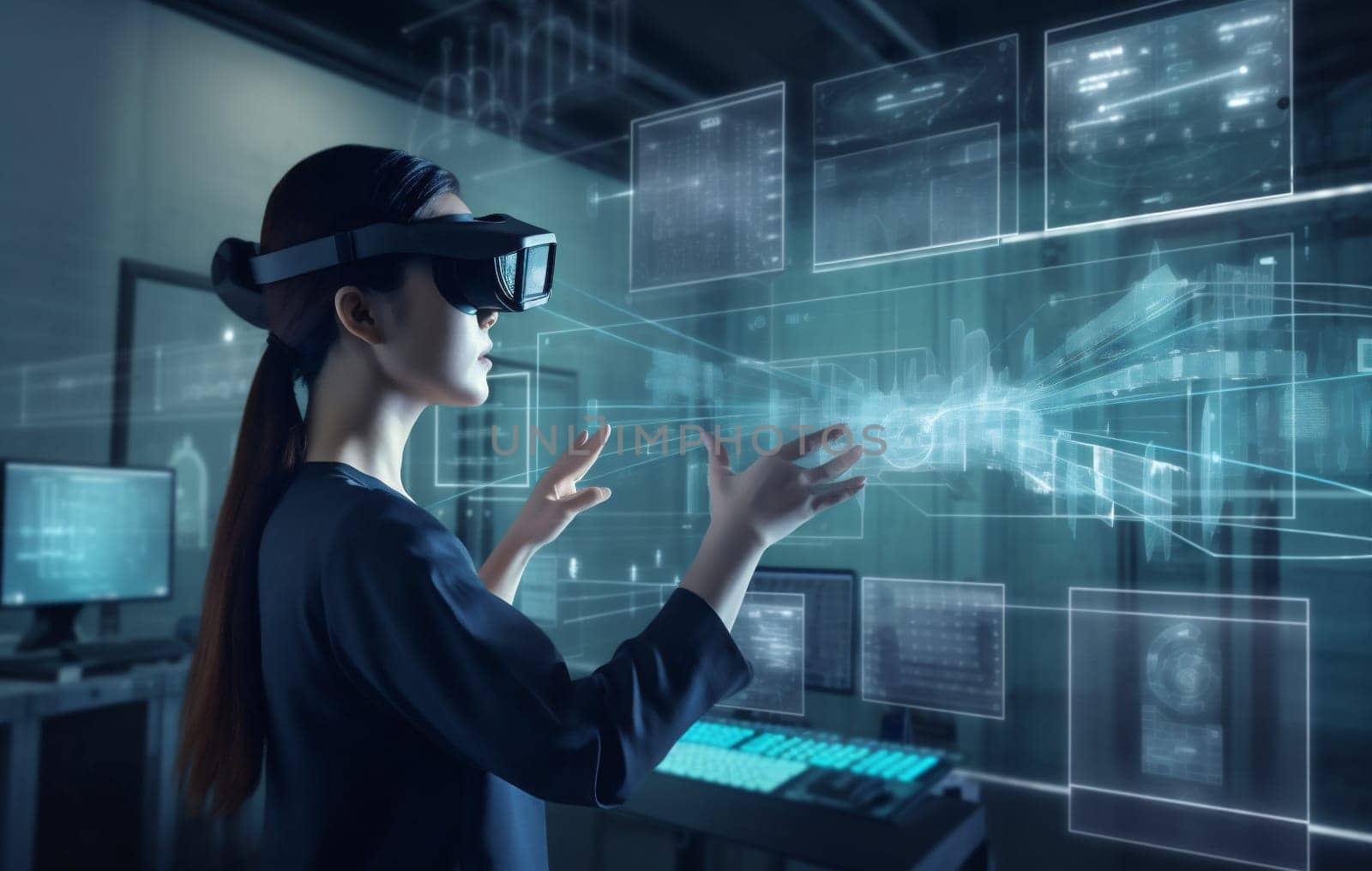 woman futuristic technology business glass design 3d cyberspace reality glasses digital cyber graphic screen display datum virtual innovation online work website. Generative AI.