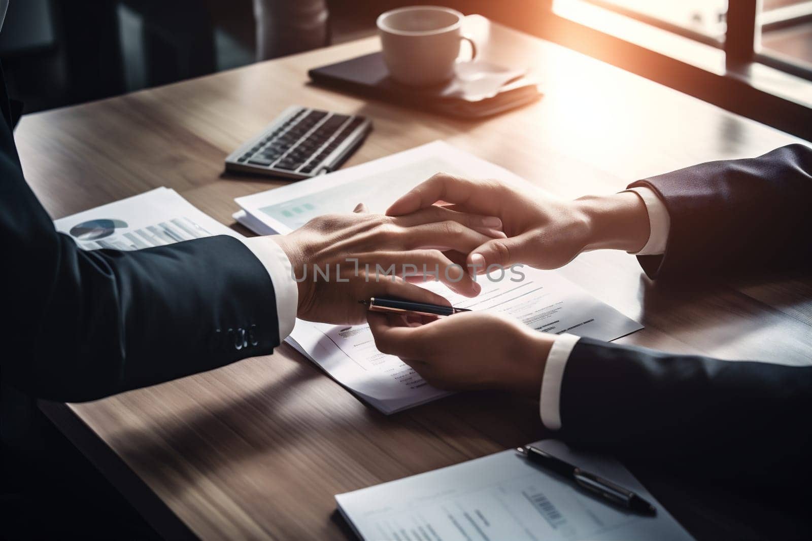business man businessman workplace closeup hand deal agreement lawyer sun document male concept signature businessperson contract work office lifestyle sign group. Generative AI.
