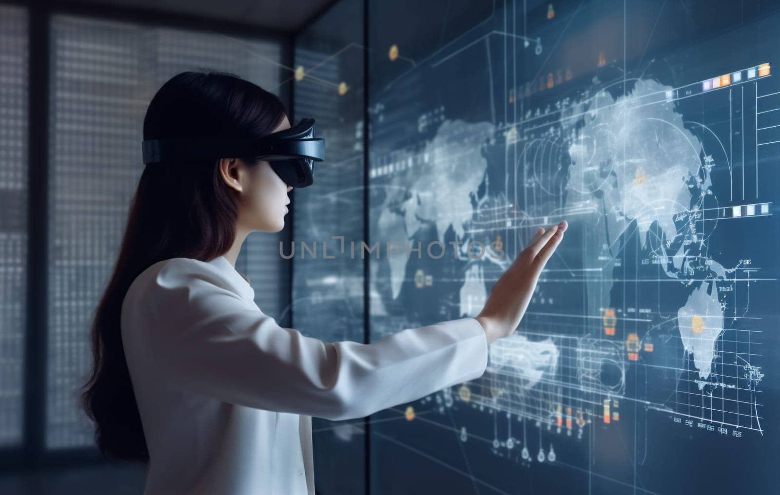 woman web digital computer online tech app internet designer graphic reality display three-dimensional technology business innovation futuristic glasses screen 3d virtual. Generative AI.