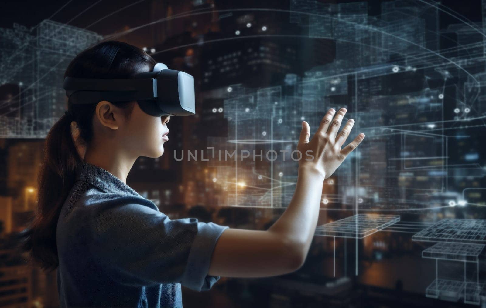 woman futuristic virtual graphic digital business 3d internet glasses technology innovation. Generative AI. by SHOTPRIME