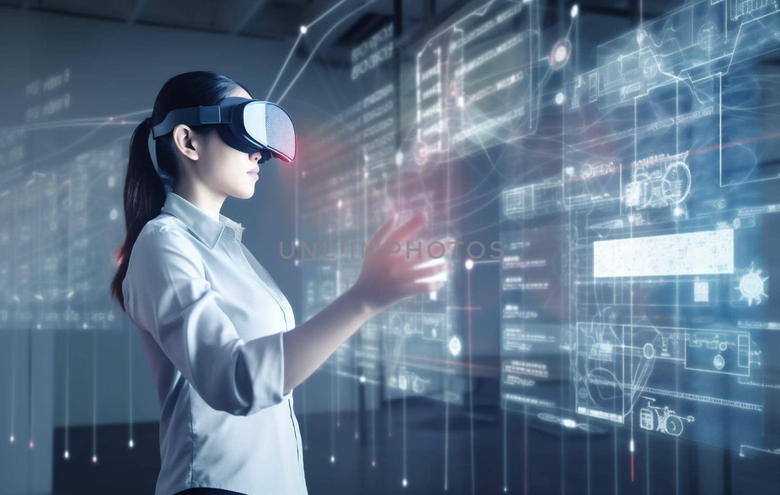 tech woman hologram futuristic screen female glass game cyberspace virtual glasses graphic 3d innovation digital headset technology business work three-dimensional ar. Generative AI.