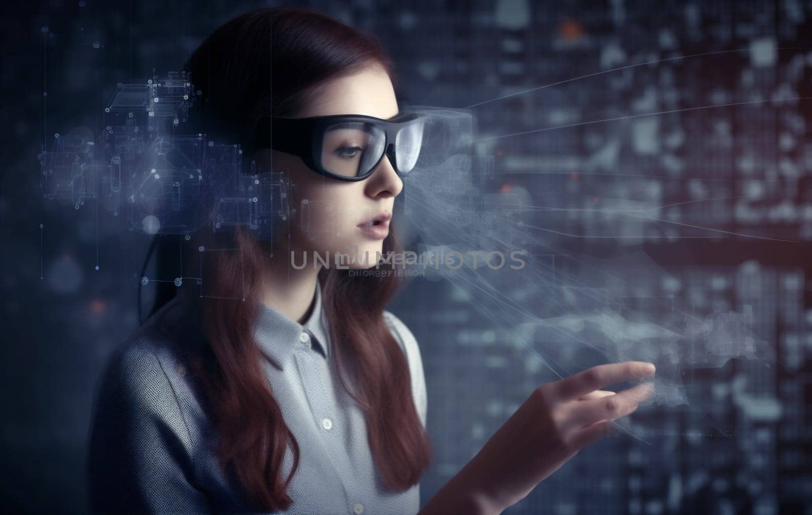 glasses woman goggles creative future business graphic cyberspace 3d internet technology innovation glass virtual designer design futuristic digital work datum network. Generative AI.