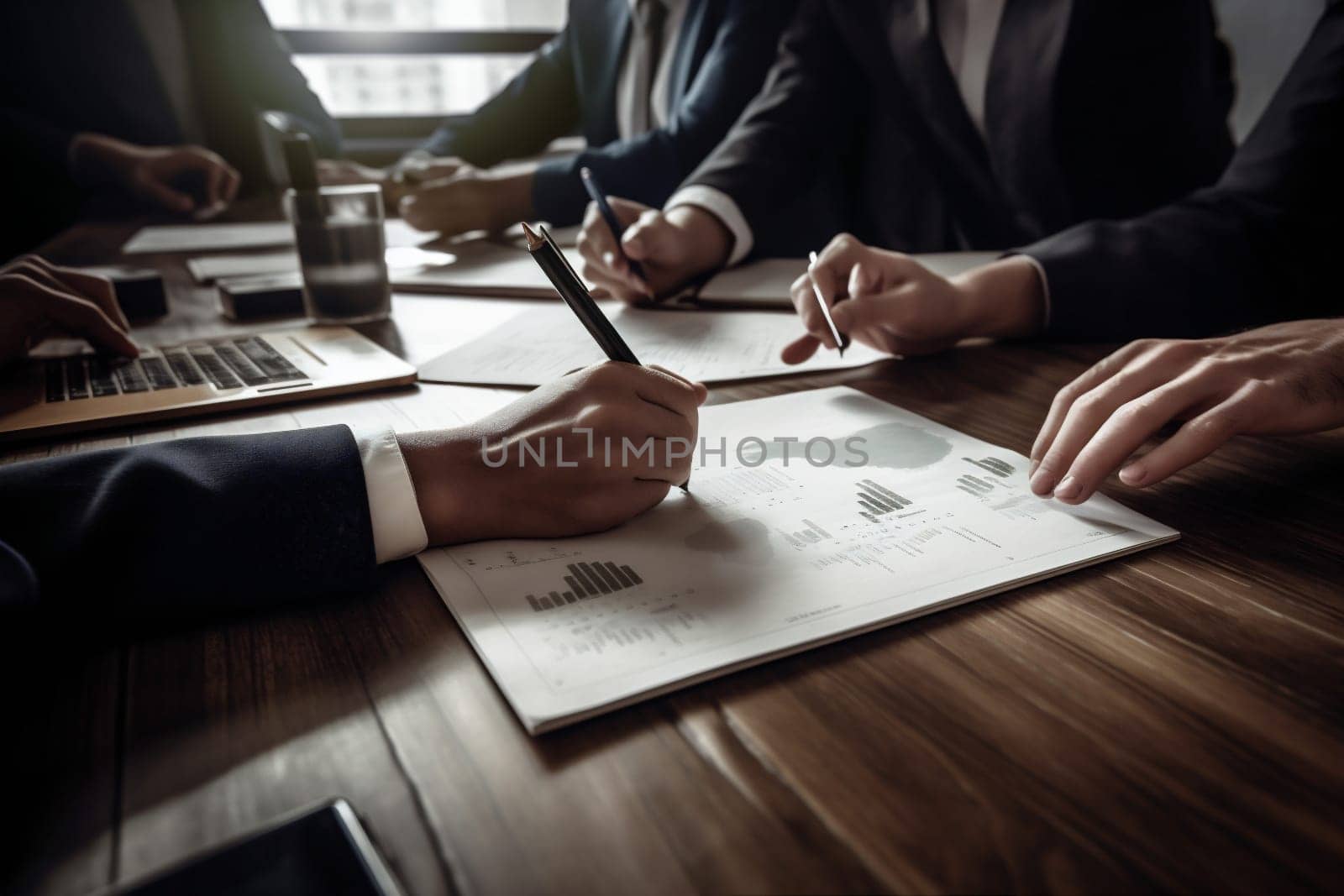 signature man finance concept document desk contract lawyer paperwork working businessman business office work form sun team group note workplace hand. Generative AI.
