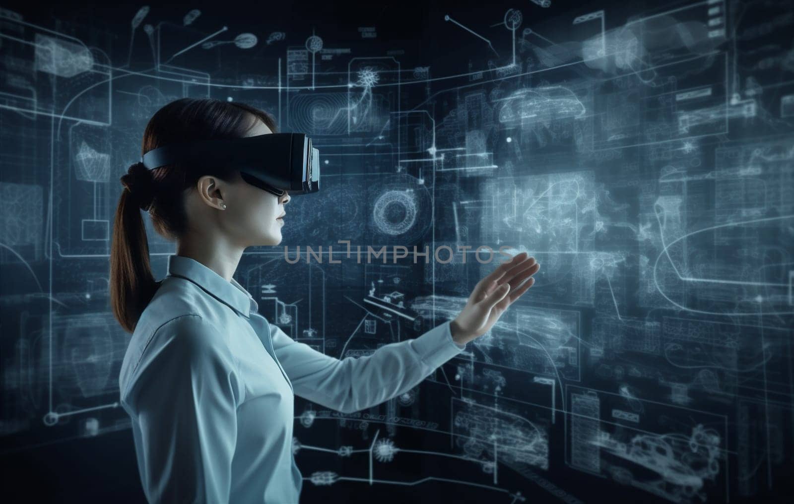 woman futuristic computer female goggles work 3d screen business innovation software graphic future datum network technology glasses three-dimensional hand virtual digital. Generative AI.