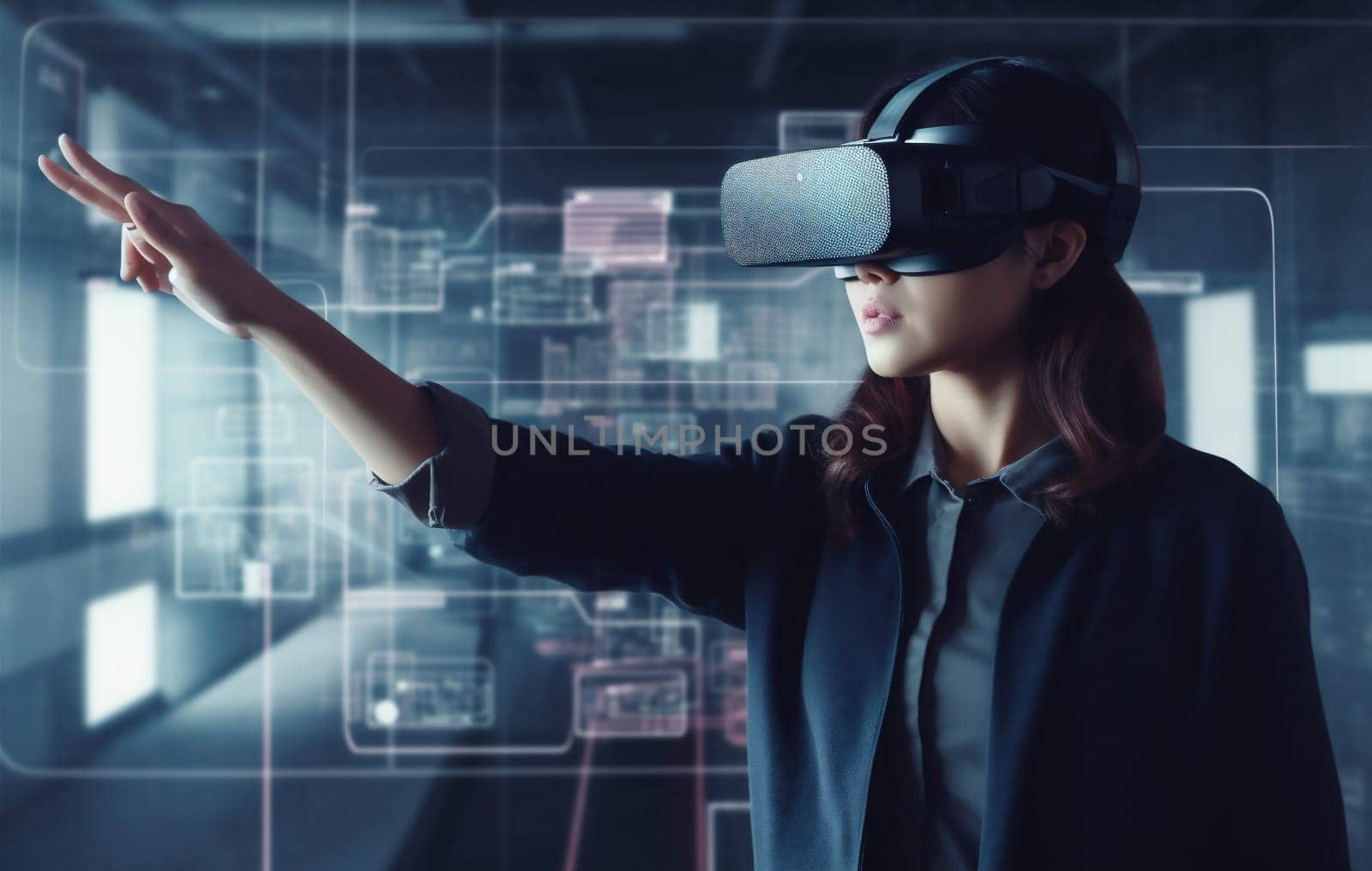 woman ar futuristic software graphic work digital glasses screen online innovation business internet datum technology hand app overlay glass 3d virtual. Generative AI.