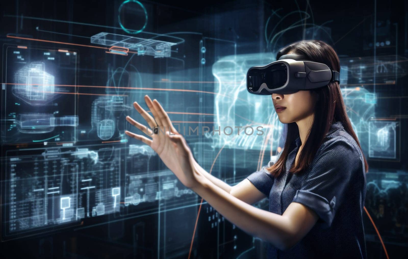 woman innovation virtual three-dimensional digital business graphic technology 3d futuristic glasses. Generative AI. by SHOTPRIME