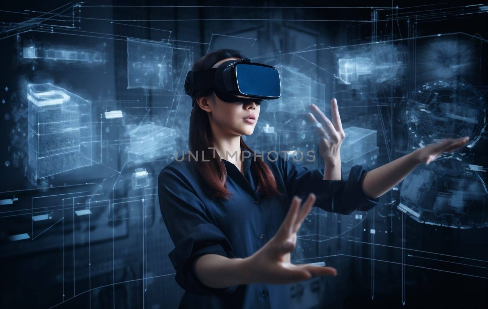 woman digital glasses graphic virtual business website 3d futuristic innovation technology. Generative AI. by SHOTPRIME