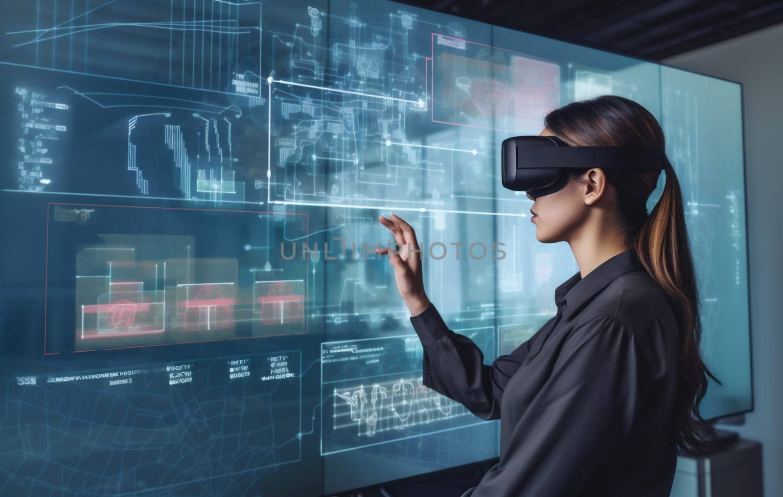 futuristic woman innovation 3d glasses digital graphic virtual technology work business. Generative AI. by SHOTPRIME