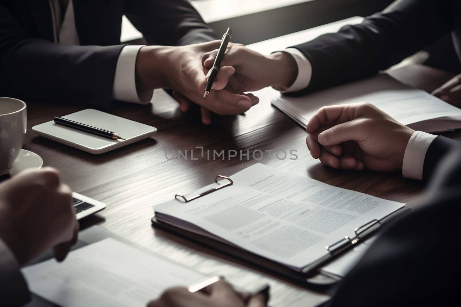 note man deal concept meeting writing business career hand professional businessman businessperson office form group contract lawyer signature document finance sun. Generative AI.