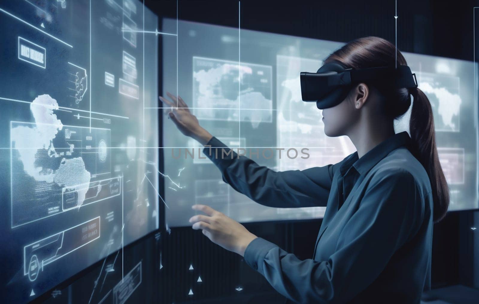 3d woman online digital technology display glasses business web person innovation internet cyber game graphic futuristic three-dimensional design computer virtual headset. Generative AI.