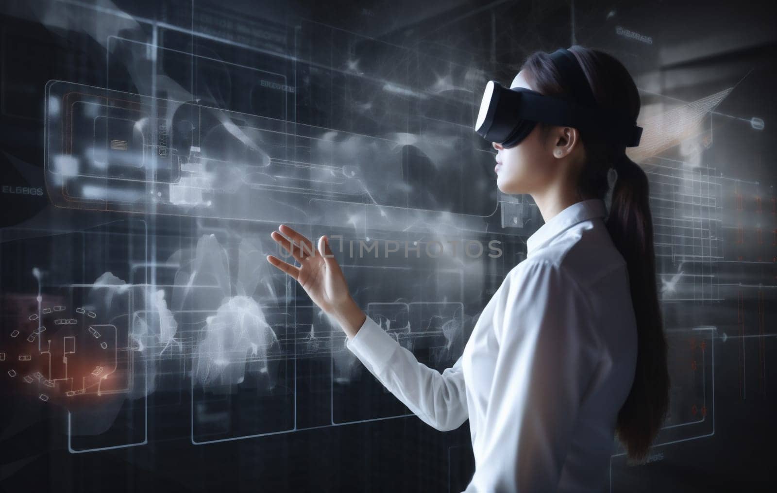 woman digital website female online technology app cyber tech display virtual three-dimensional 3d person hand graphic ar glasses futuristic business innovation. Generative AI.