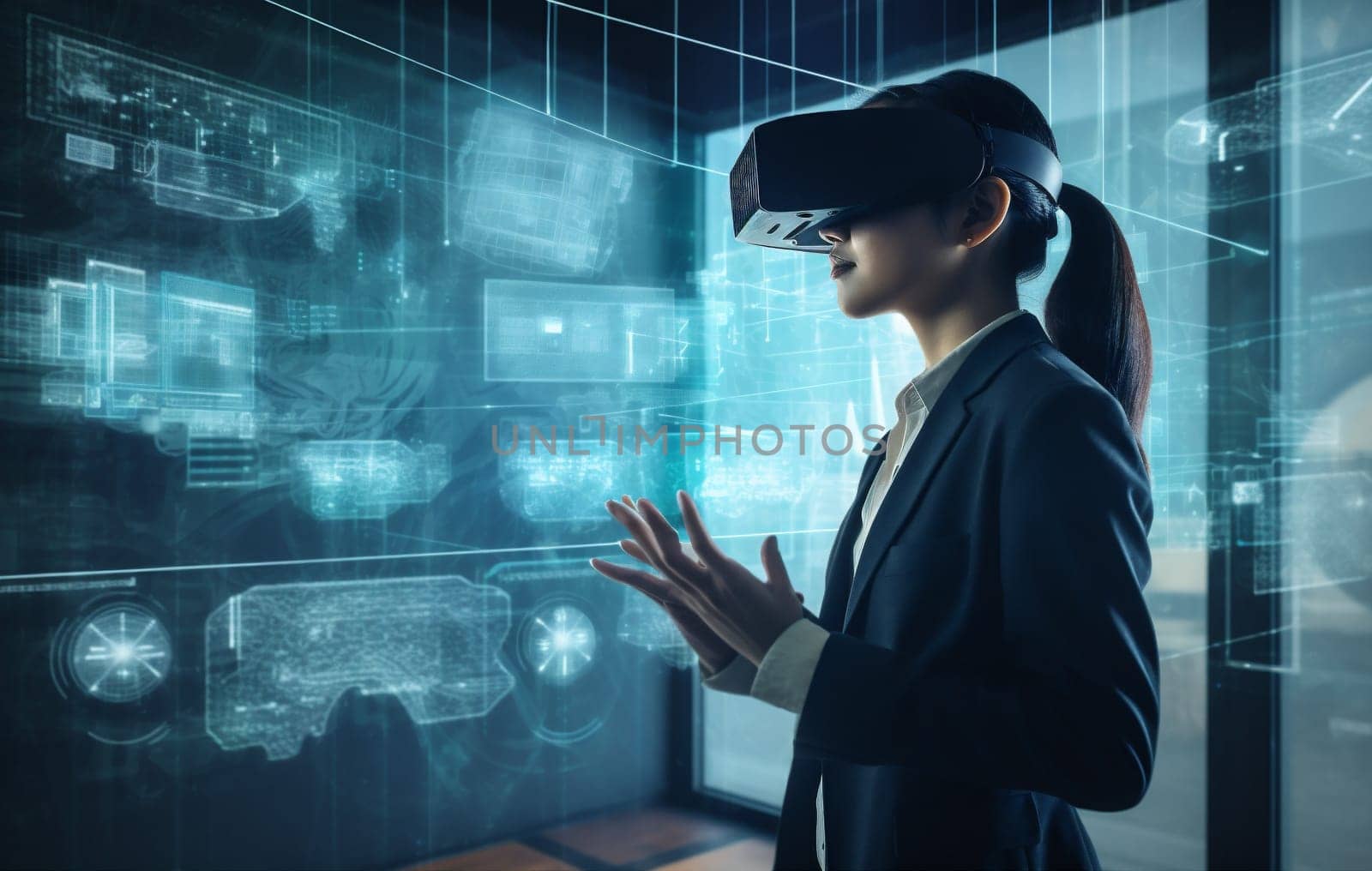 woman cyber business cyberspace digital virtual website 3d reality innovation reality display futuristic internet three-dimensional overlay technology glasses tech graphic future virtual. Generative AI.