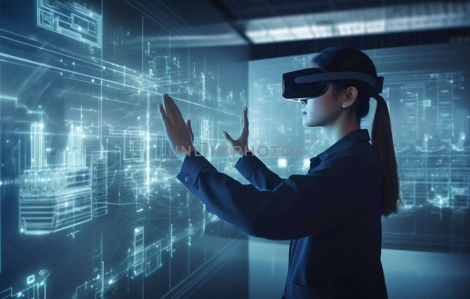 work woman futuristic ar graphic computer datum 3d cyber glasses network headset technology digital innovation business app future reality web virtual. Generative AI.