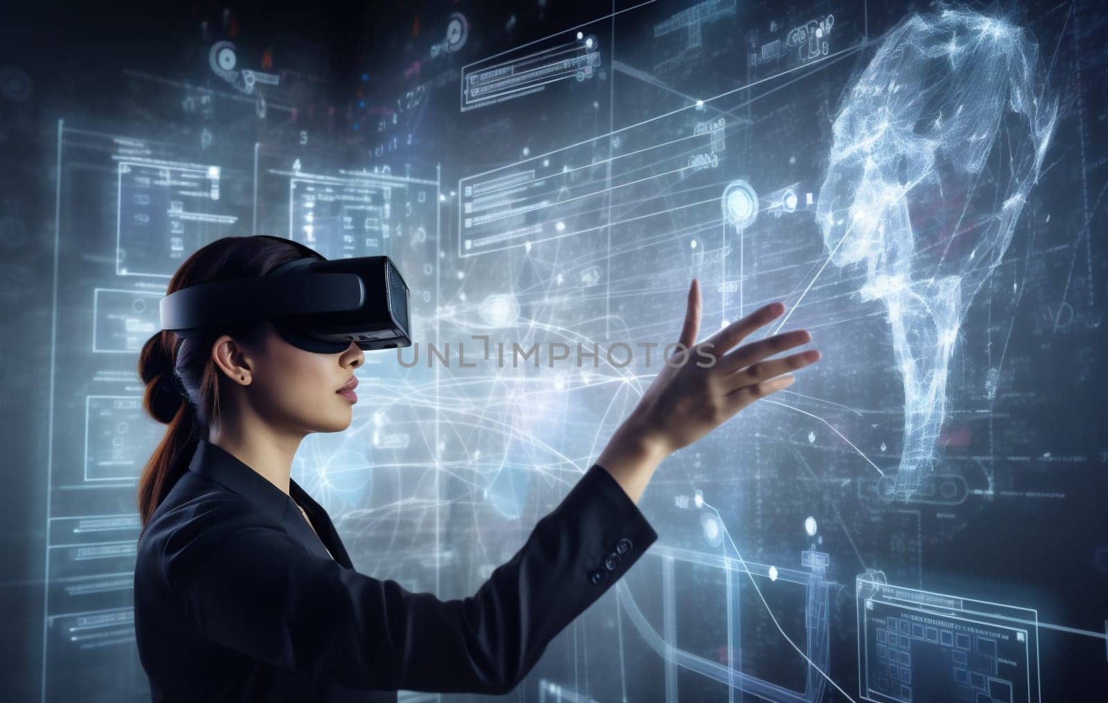 digital woman network person cyberspace 3d work hologram virtual software goggles internet hand business website graphic innovation glasses technology futuristic game. Generative AI.
