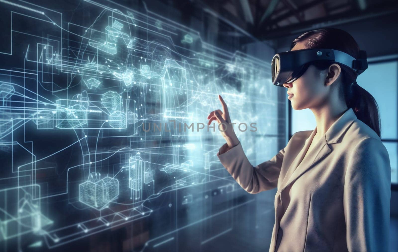 woman cyber graphic app network designer innovation glasses business screen 3d three-dimensional virtual digital hand goggles futuristic technology online internet software. Generative AI.