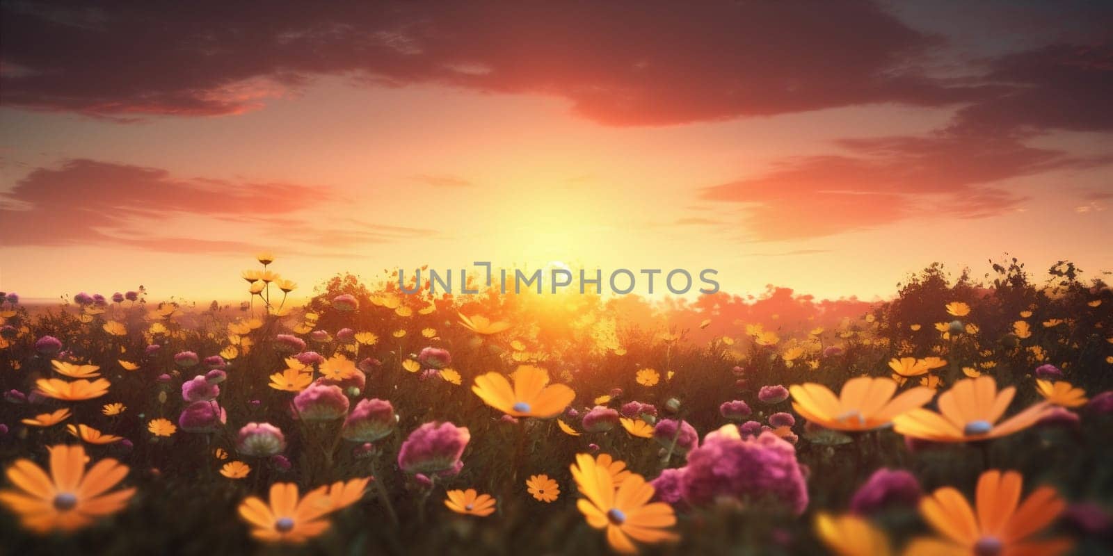 leaf blooming sunny day spring sun flower landscape light countryside nature beauty yellow summer rural meadow outdoor sunset background field plant. Generative AI.