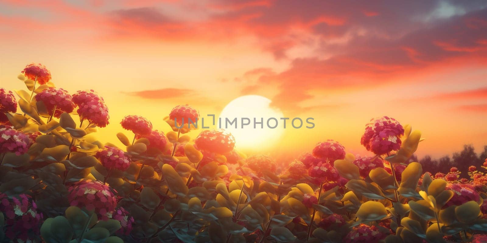 rural spring landscape field flower sunset nature summer color background meadow. Generative AI. by SHOTPRIME