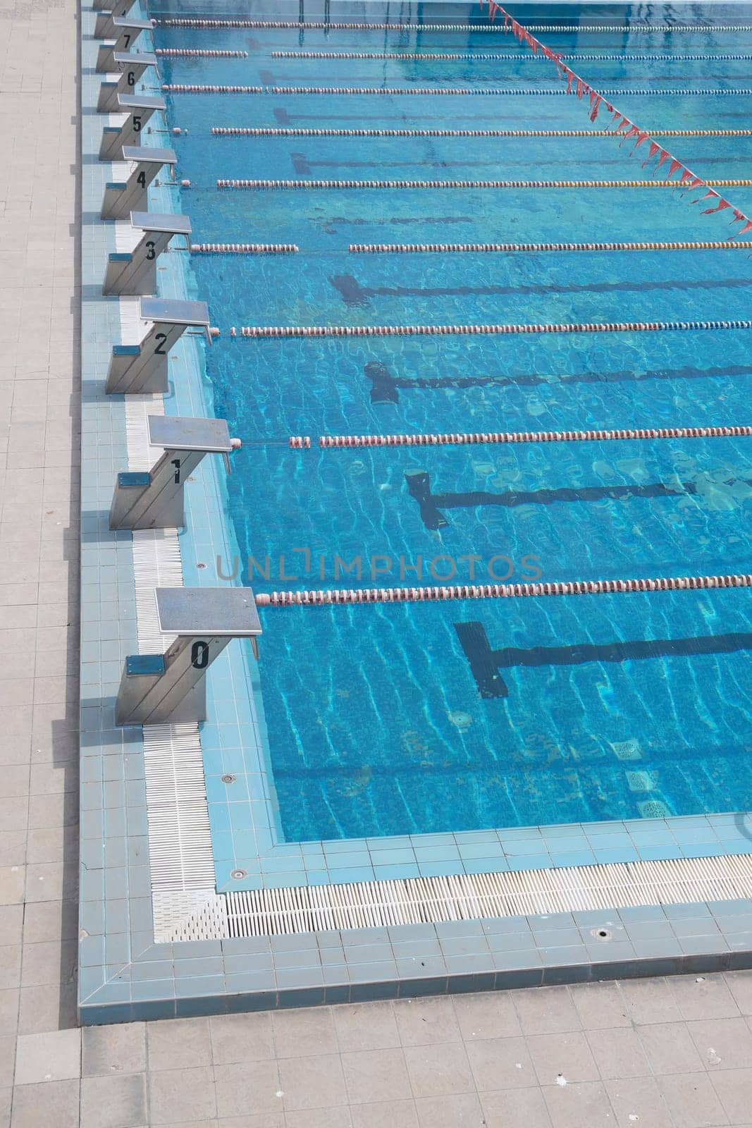 outdoor sports swimming pool with lanes and bollards for jumping.