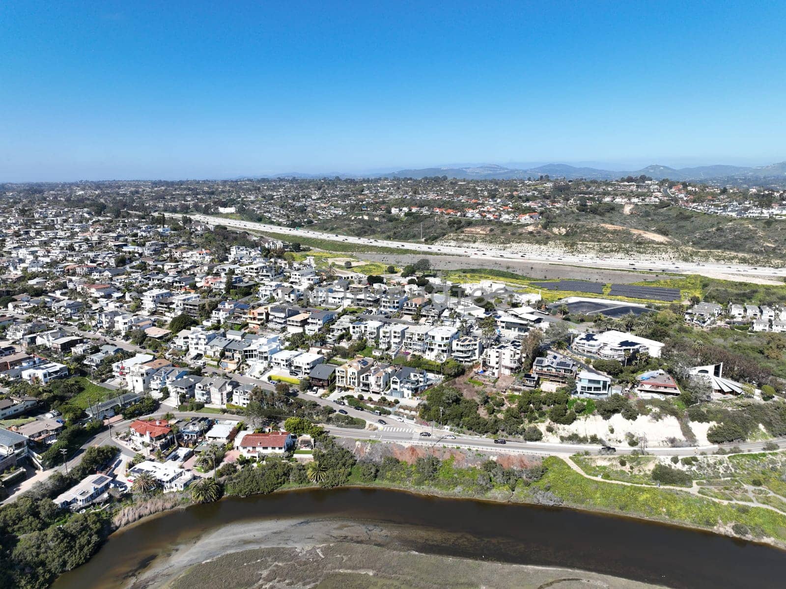 Aerial view of Wealthy Encinitas town in San Diego South California, USA.
