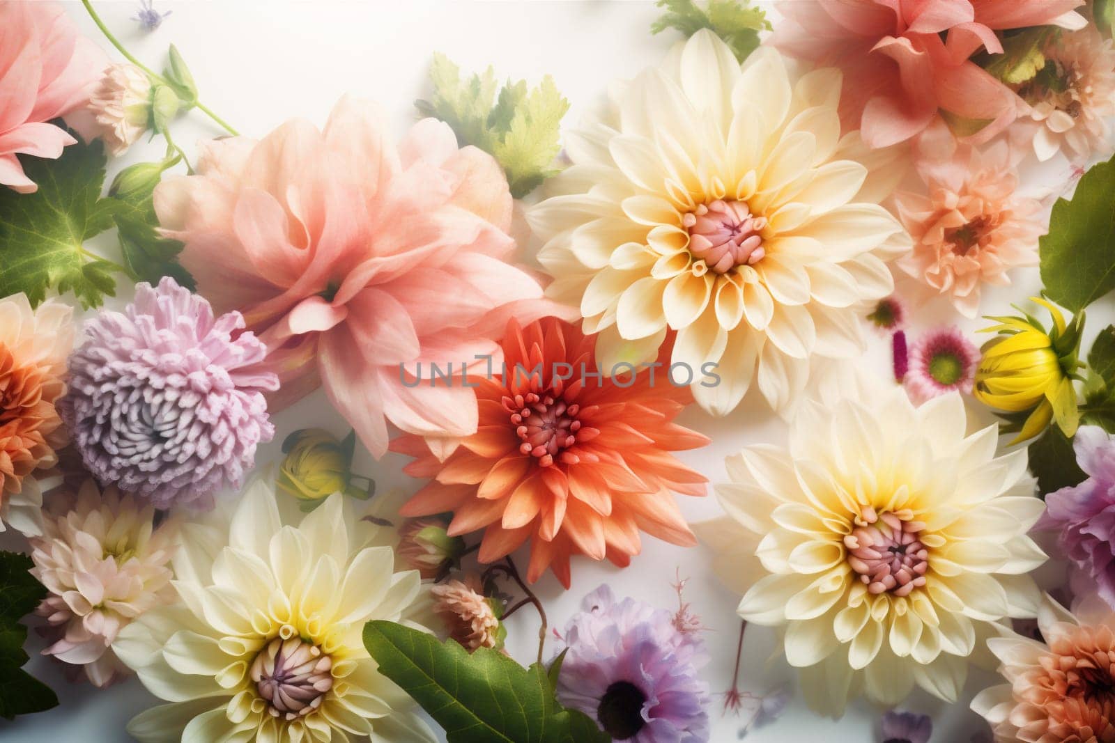bouquet leaf valentine day color soft pastel spring texture rose petal bokeh flower abstract festive design background floral watercolor blossom peonies. Generative AI.