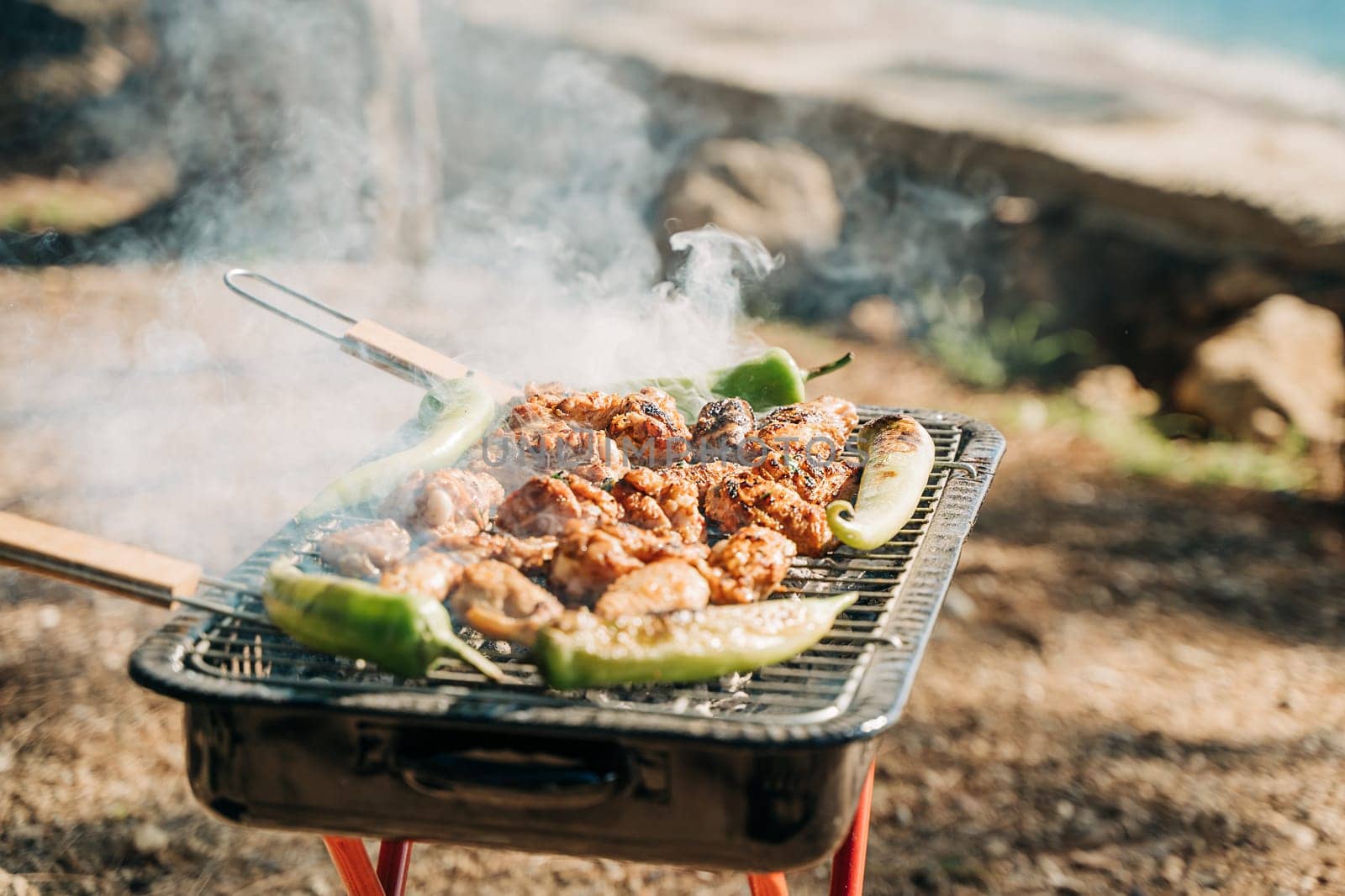 Barbecue grill with chicken, meat, tomatoes and green pepper in nature forest camping park with sea on background by Ostanina