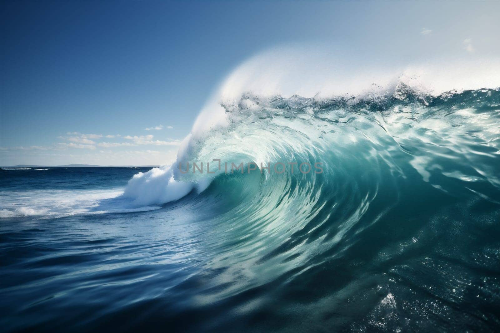 wave liquid ocean sunshine crash pacific power surf sky blue surfing abstract pure dangerous tropical water sea cool summer nature. Generative AI.