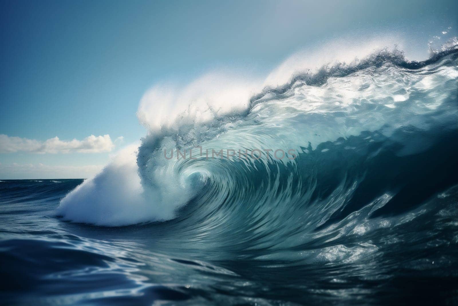 blue water surfing pacific sea crash abstract rough wave sky cool power pure spray hawaii nature liquid ocean speed environmental. Generative AI.