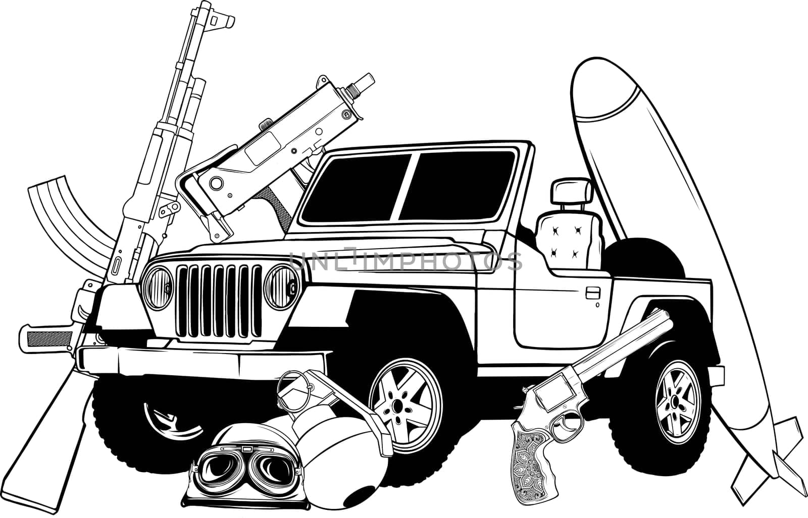 Monochrome jeep army illustration