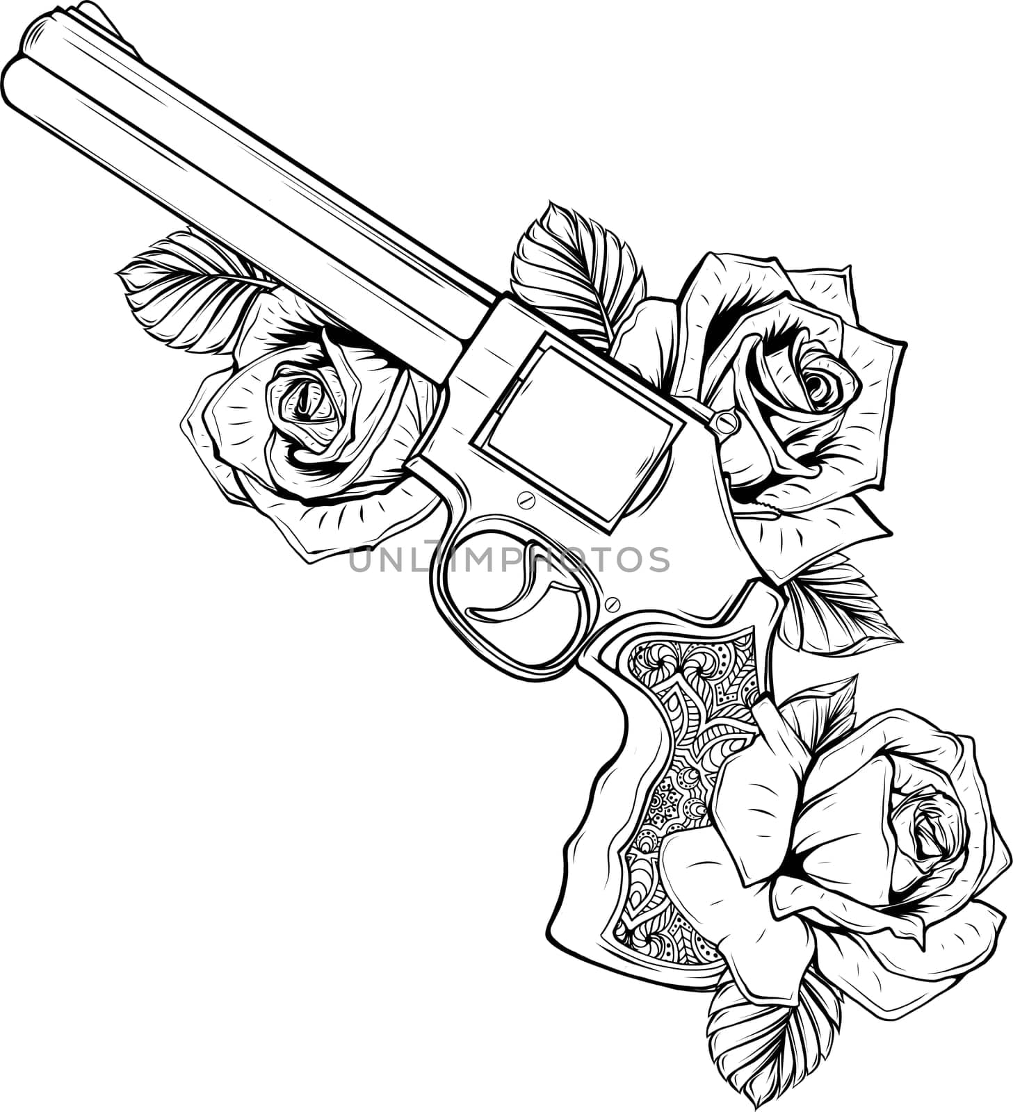 Revolver with rose isolated on white in monochrome style. illustration. by dean