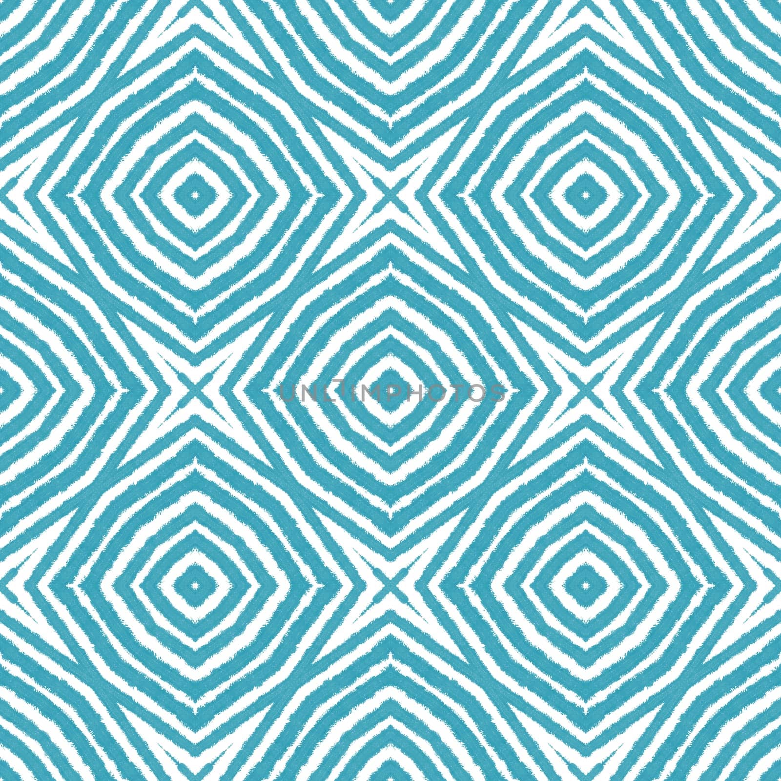 Ethnic hand painted pattern. Turquoise symmetrical kaleidoscope background. Summer dress ethnic hand painted tile. Textile ready valuable print, swimwear fabric, wallpaper, wrapping.