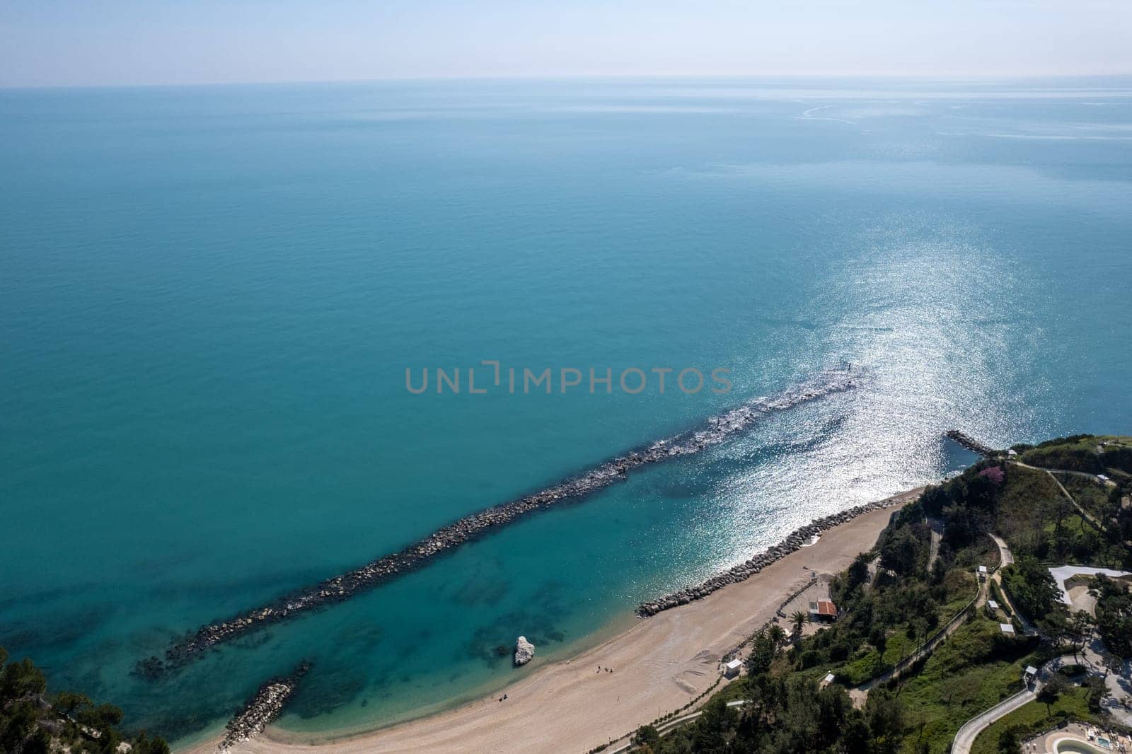 Aerial drone view of Sirolo and Numana town , Conero Mount, Adriatic Sea beach in Le Marche region, Italy , Europa