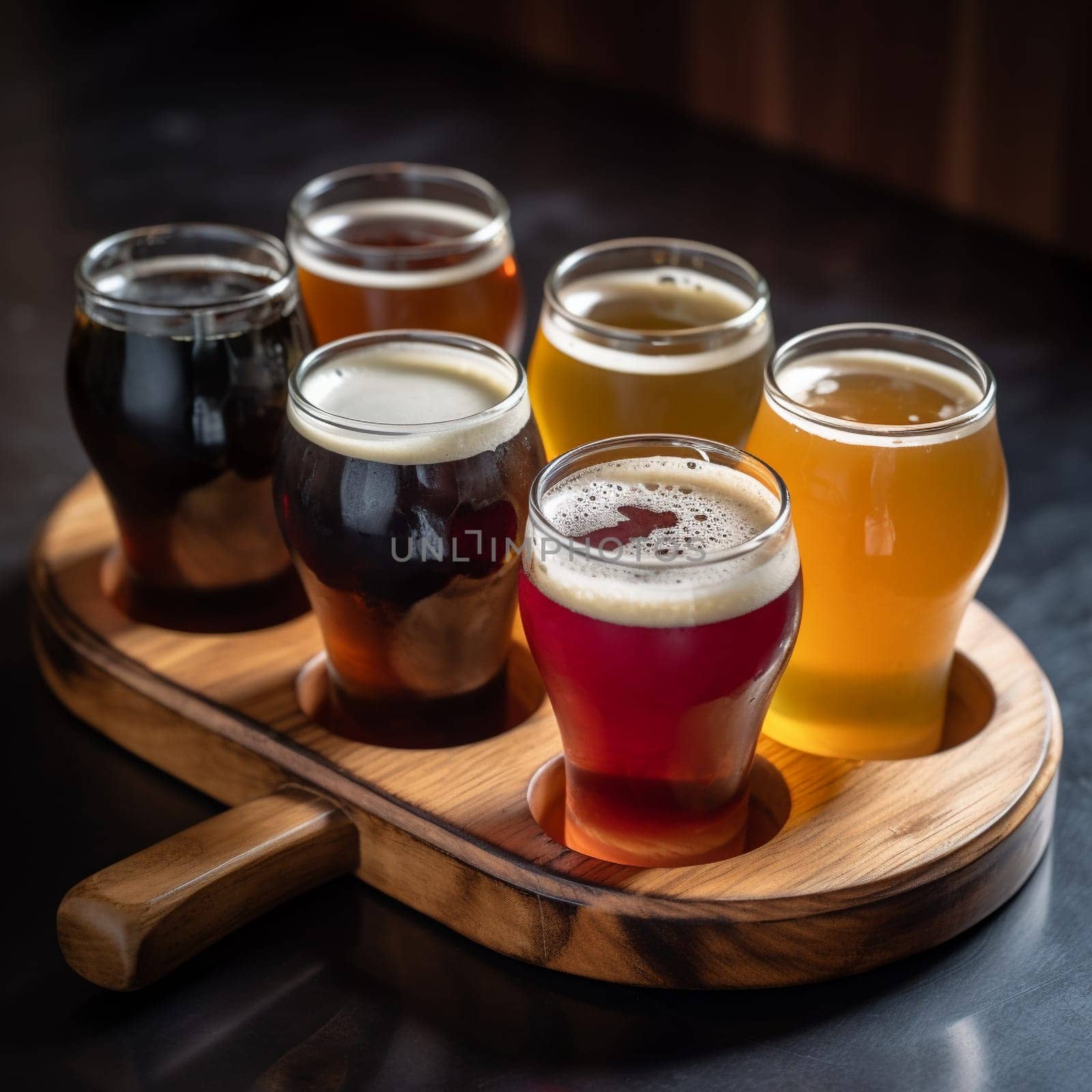 A photograph of a flight of craft beer, featuring a variety of different types and flavors of beer on a wooden tray.