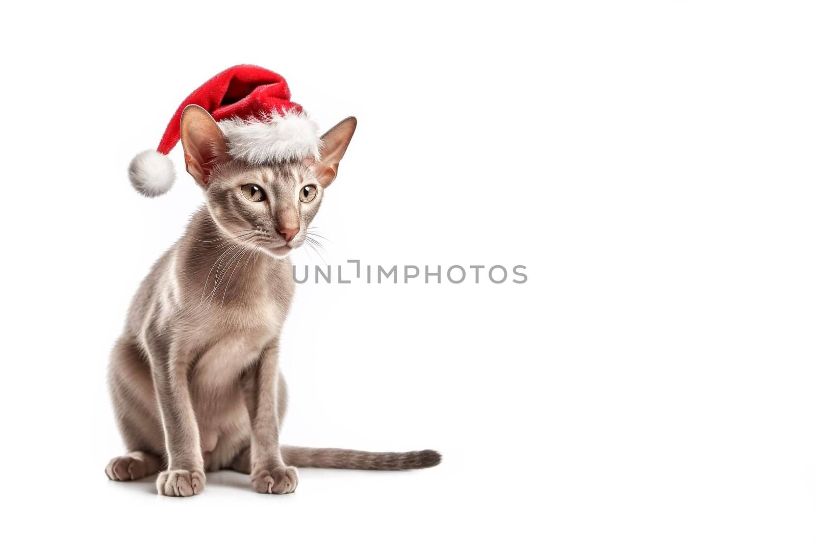 Cat in red Santa Claus hats isolated on a white background. Sphynx breed cat in santa claus hat. Banner with copy cpace.