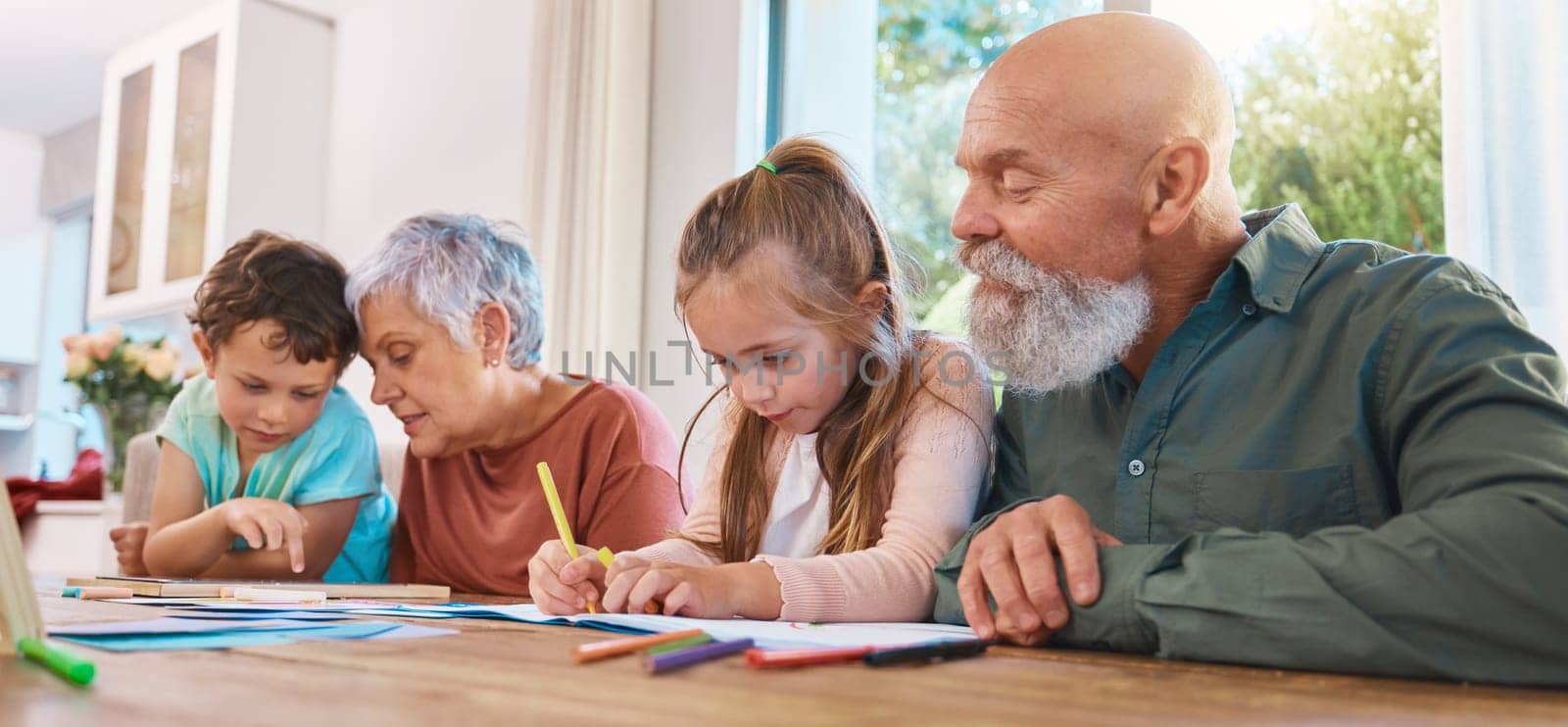 Family, homework and education with children writing, learning or drawing with colors and grandparents. Kids, school or study with kids, senior man and woman in their home for growth or development.