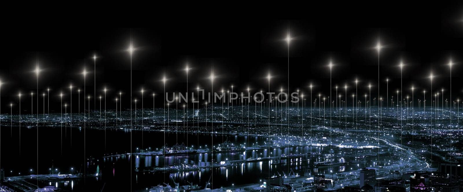 Data, network and cyber with city at night for connection, cyber and cloud computing. Technology abstract, communication and futuristic with skyline of urban town for internet, media and light.