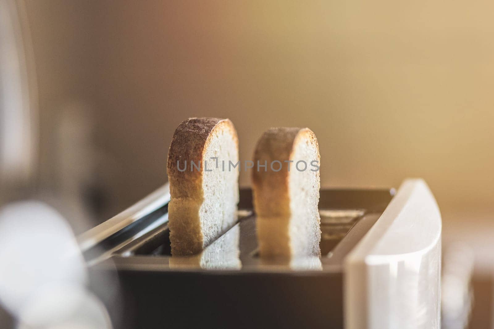White slices of bread in a toaster in the kitchen at dawn, shallow depth of field, selective soft focus, copy space.
